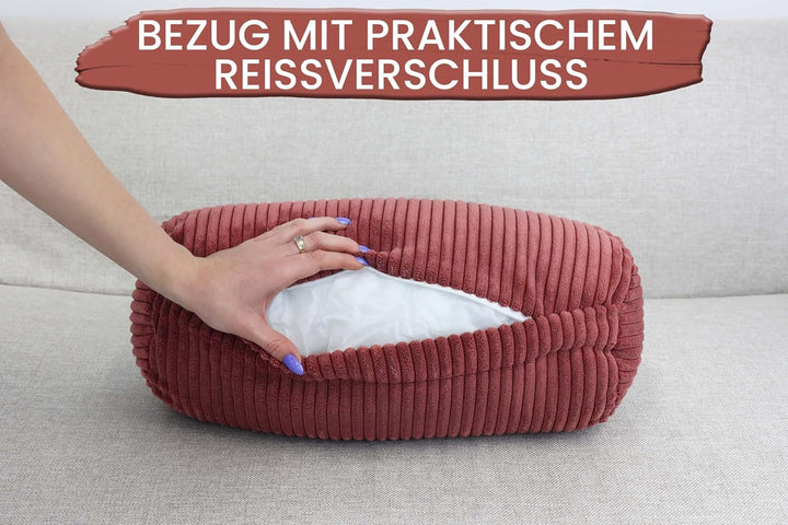 Amilian Nackenrolle mit Bezug 40x15 cm – Cord Kissen mit Füllung – Waschbar – Für Erwachsene & Kinde
