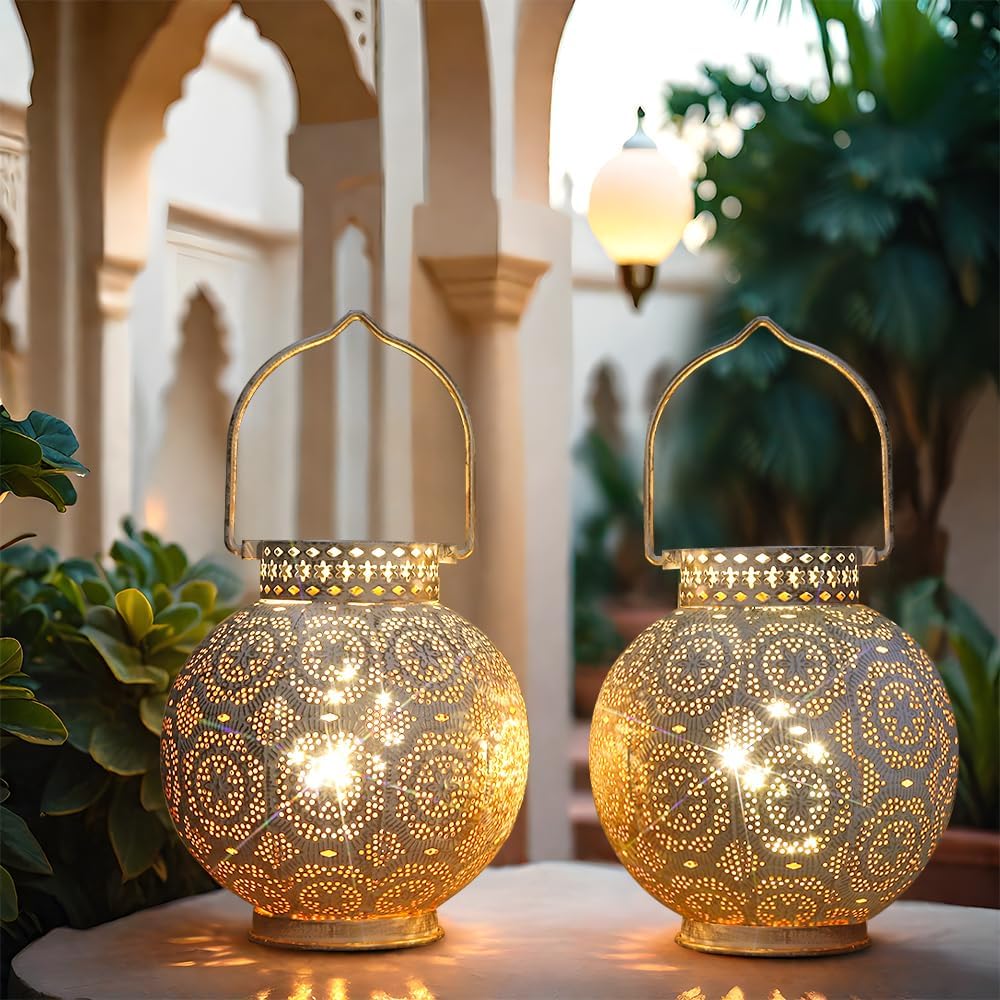TRIROCKS Set von 2 Marokkanischen Stil Metall Tischlampe 18cm H Batteriebetriebene Kabellose Lampe m