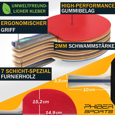 PHIBER-SPORTS Tischtennis Set mit 4 Tischtennisschläger + 8 Tischtennisbälle + Praktische Tragetasch