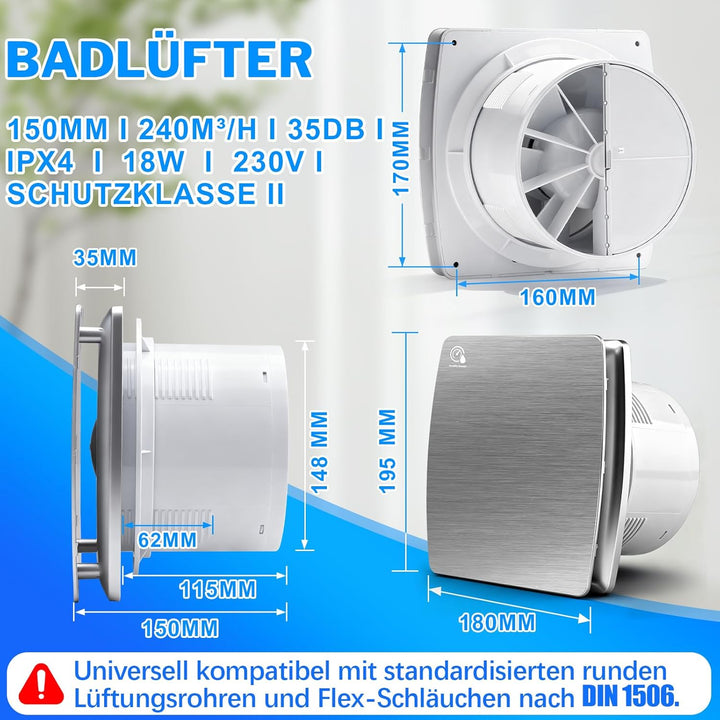Ø150mm Badlüfter mit Feuchtigkeitssensor & Nachlauf [18W - IPX4 - 35db] Leiser Abluftventilator mit
