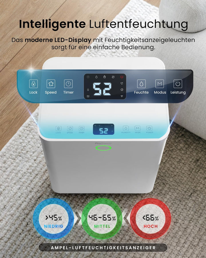 Pro Breeze Luftentfeuchter 12L in 24h Entfeuchtungsleistung - Luftentfeuchter elektrisch mit Feuchti