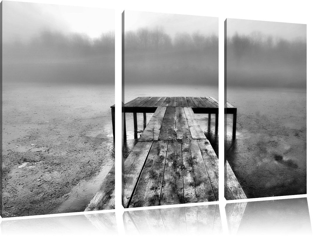 Pixxprint Steg am See Nebel / 3-Teilig/Gesamtmass 120cm Leinwandbild bespannt auf Holzrahmen/Wandbil