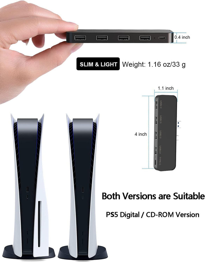 USB-Hub mit 5 Anschlüssen für PS5 - Tendak Hochgeschwindigkeits USB Erweiterungs Adapter Kompatibel