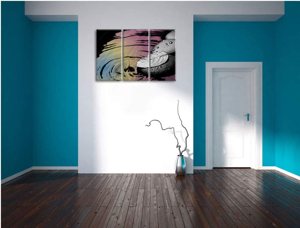 Blatt auf Zen Steinen im Wasser schwarz/weiss 3-Teiler Leinwandbild 120x80 Bild auf Leinwand, XXL ri