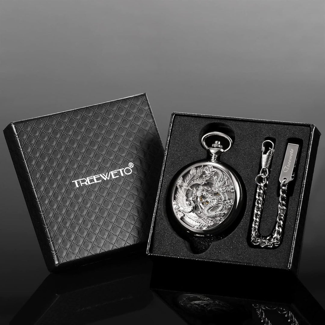 TREEWETO Unisex Taschenuhr mit Kette Analog Handaufzug Antik Drache Phönix Skelett Silber