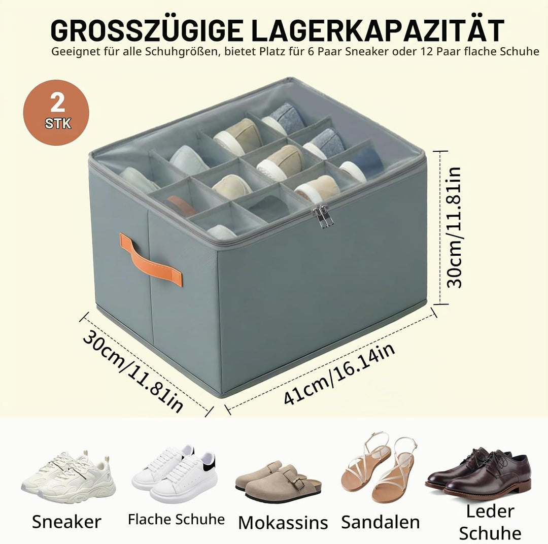 Schuhboxen Stapelbar 2er Set für 12–24 Paar, Faltbare Schuhaufbewahrungsbehälter, Griffe, Grossforma