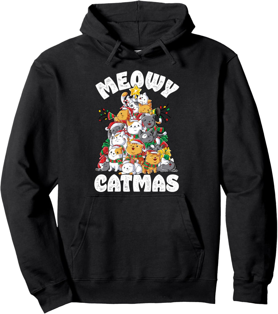 Meowy Catmas Cat Christmas Tree Xmas Girls Boys Funny Santa Pullover Hoodie