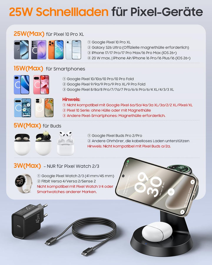Meifigno 25W 3 in 1 Induktive Ladestation für Google Pixel Watch 3 &amp; 2 Only for Pixel Watch 3/2 Schw