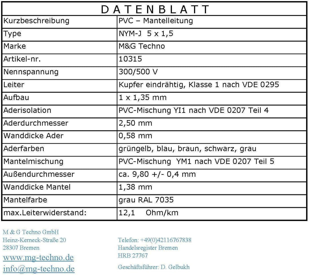 M&G Techno 20m NYM-J 5x1,5 mm² Mantelleitung Elektro Strom Kabel Kupfer eindrähtig Made in Germany,