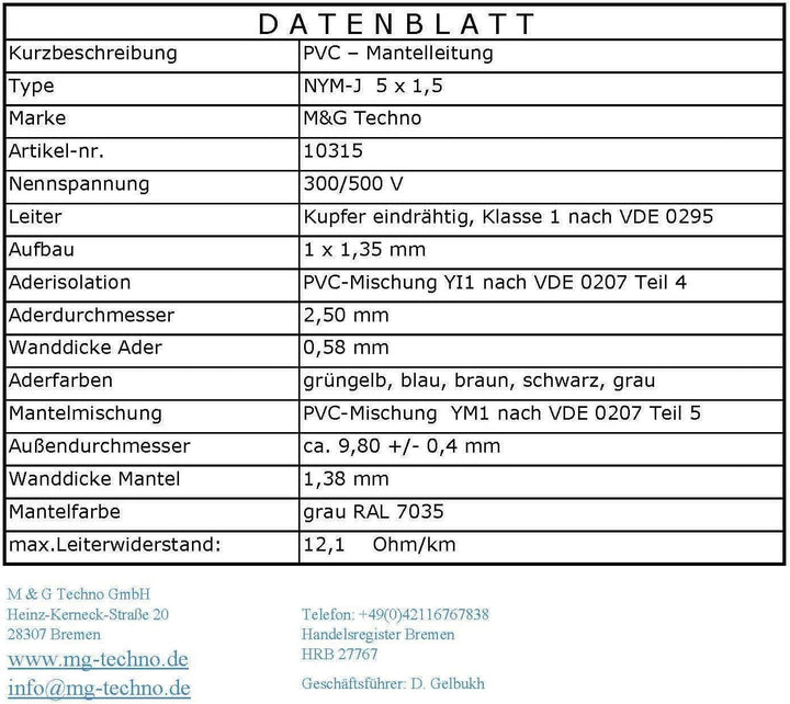 M&G Techno 20m NYM-J 5x1,5 mm² Mantelleitung Elektro Strom Kabel Kupfer eindrähtig Made in Germany,