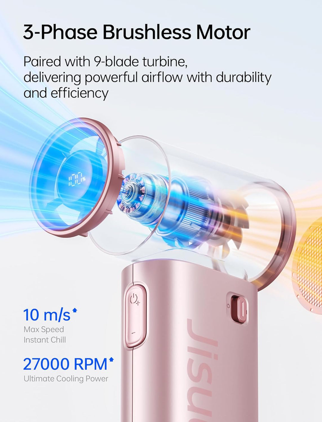 JISULIFE Tragbarer Handventilator 9S, Turbo Power, bis zu 22 Stunden Laufzeit, 5000 mAh Akku, 5-Gang