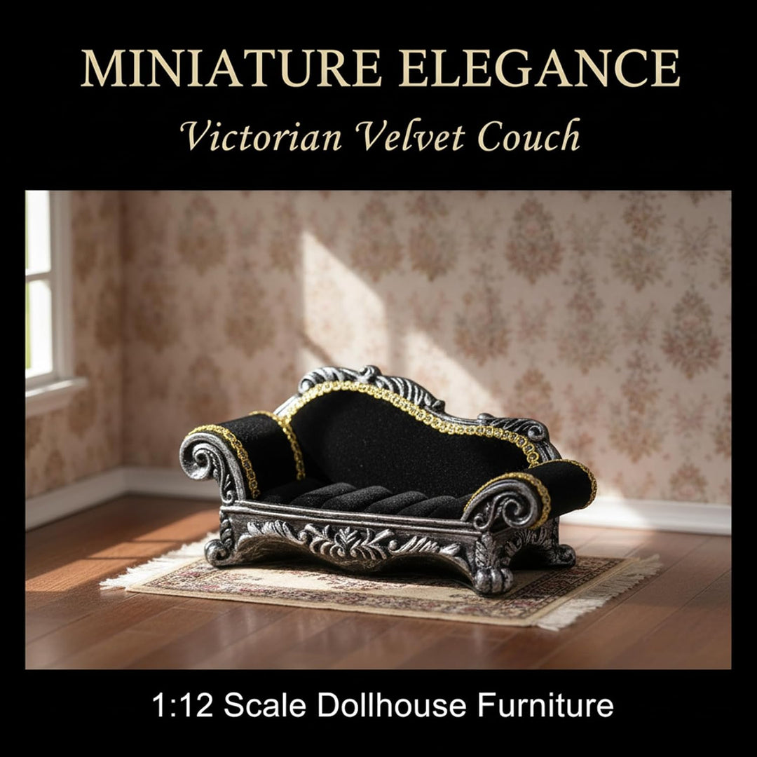Puppenhausmöbel, Puppenhauscouch, 1:12 schwarzes viktorianisches Sofa, Wohndekoration, Ornament, L,