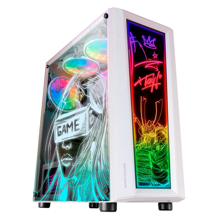 MarsGaming MC-Art Weiss, PC Gaming ATX Gehäuse, Doppelt Zeichnbar Gehärtetes Glas, ARGB 12 Mode, 12c