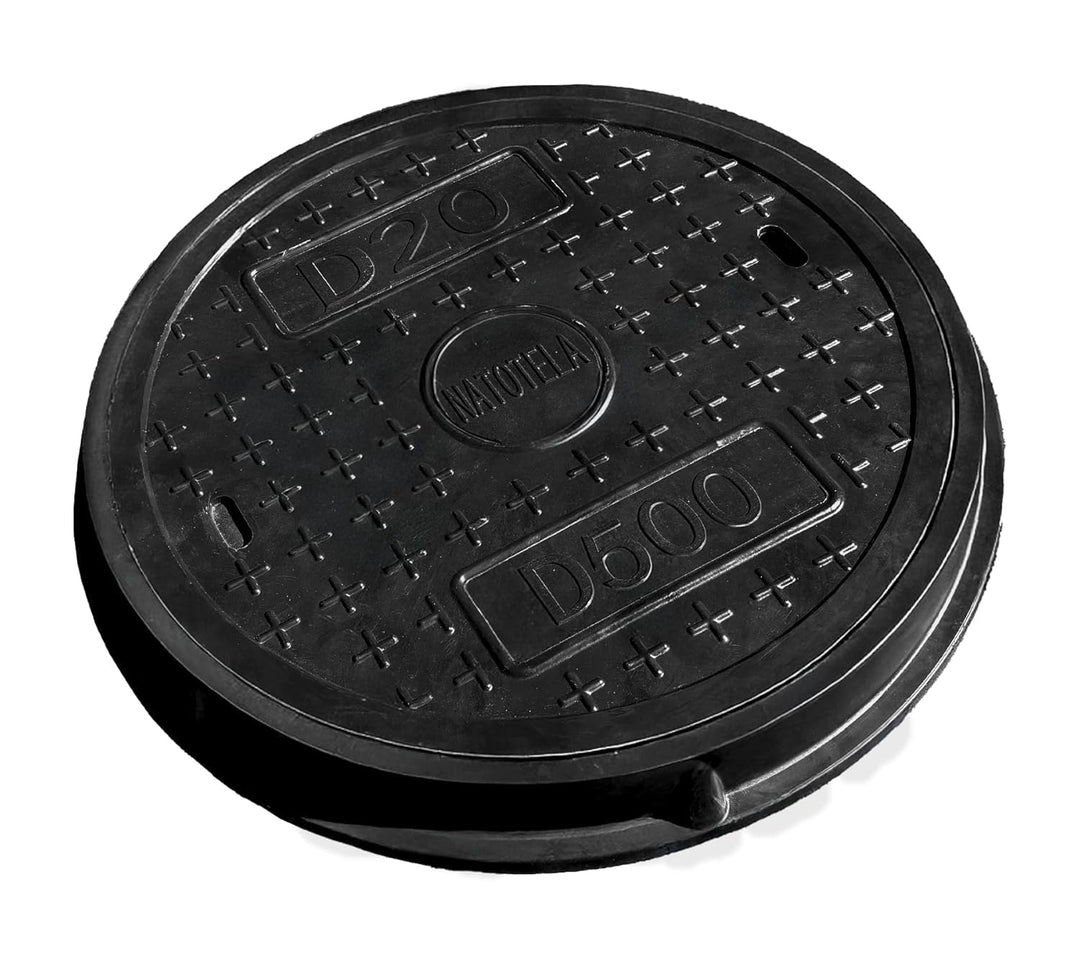 GFK-Schachtabdeckung Rund DN 450 (Lichte Weite 450 mm) – Deckel Ø500 mm, Rahmen Ø570 mm – B125 befah
