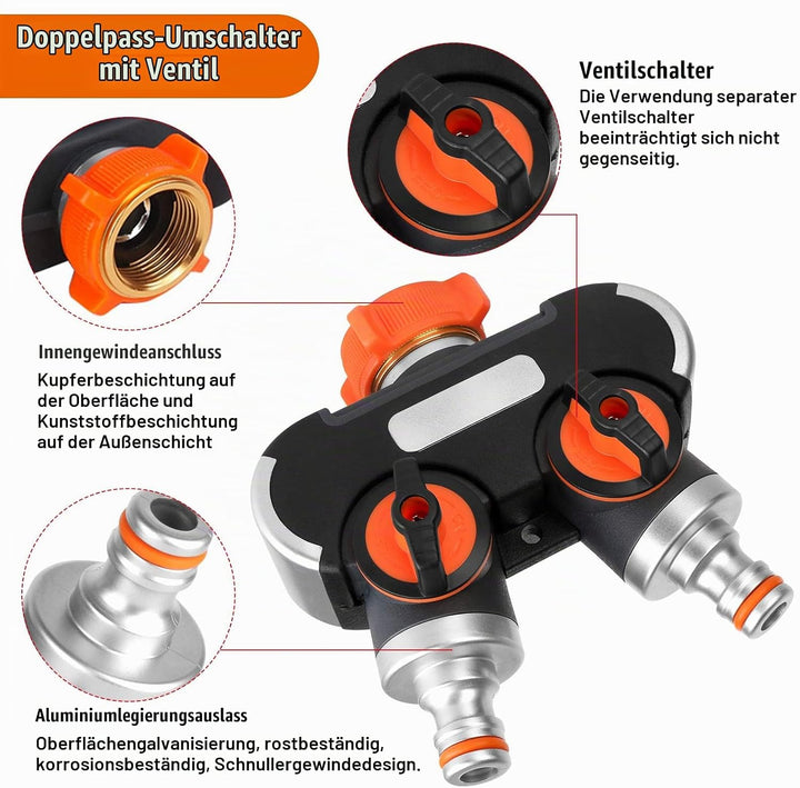 2-Wege-Verteiler: 3/4" und 1/2" Wasser Verteiler mit Wasserverteiler Wasserhahn, für gleichzeitigen