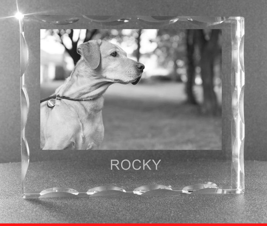 VIP-LASER 2D Gravur Glas Kristall Facettierte Scheibe im Querformat XL mit Hundefoto Hund. Dein Wuns