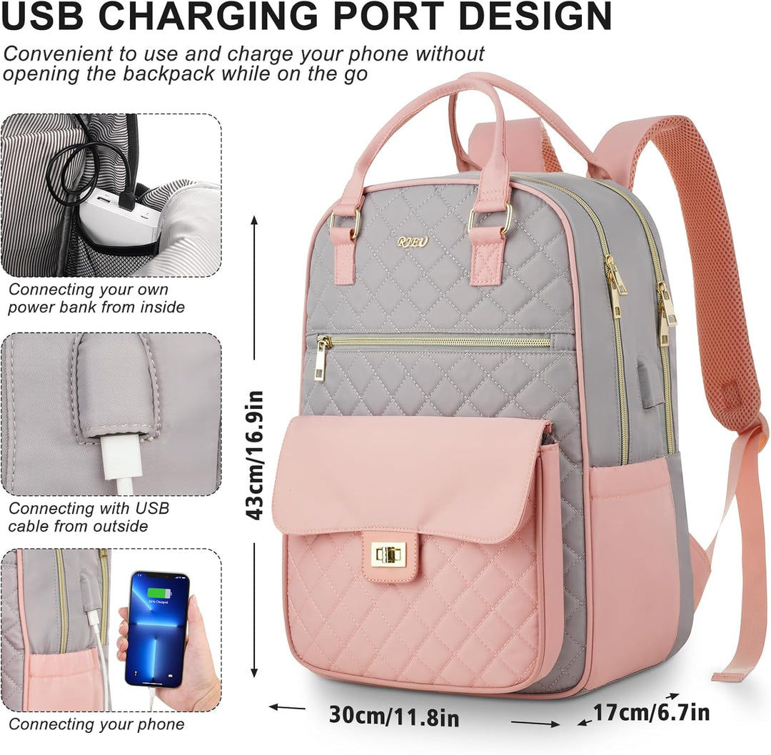 RJEU Rucksack Damen Schule,Laptop Rucksack Frauen 15,6 Zoll mit USB-Ladeanschluss,Schulrucksack Mädc