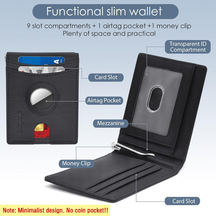doeboe AirTag Wallet, Echtes Leder Kreditkarte Bifold Wallet mit Geldscheinklammer, Minimalistische