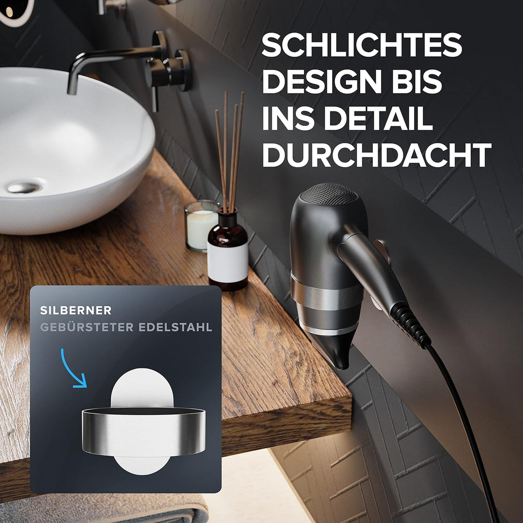 Haartrocknerhalter Glyngore | Edelstahl | Silber | mit Wandmontage ohne Bohren | mit Fönpolsterung |