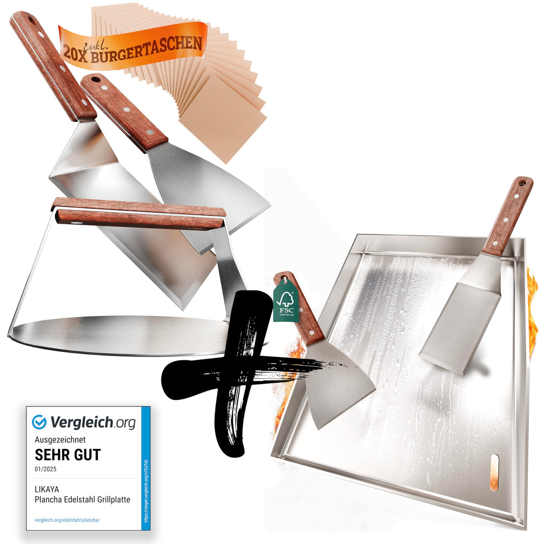 [BUNDLE] Plancha Edelstahl Grillplatte [30x40cm] + Burger-Smasher Set – 4x Grillspachtel & Burger Sm
