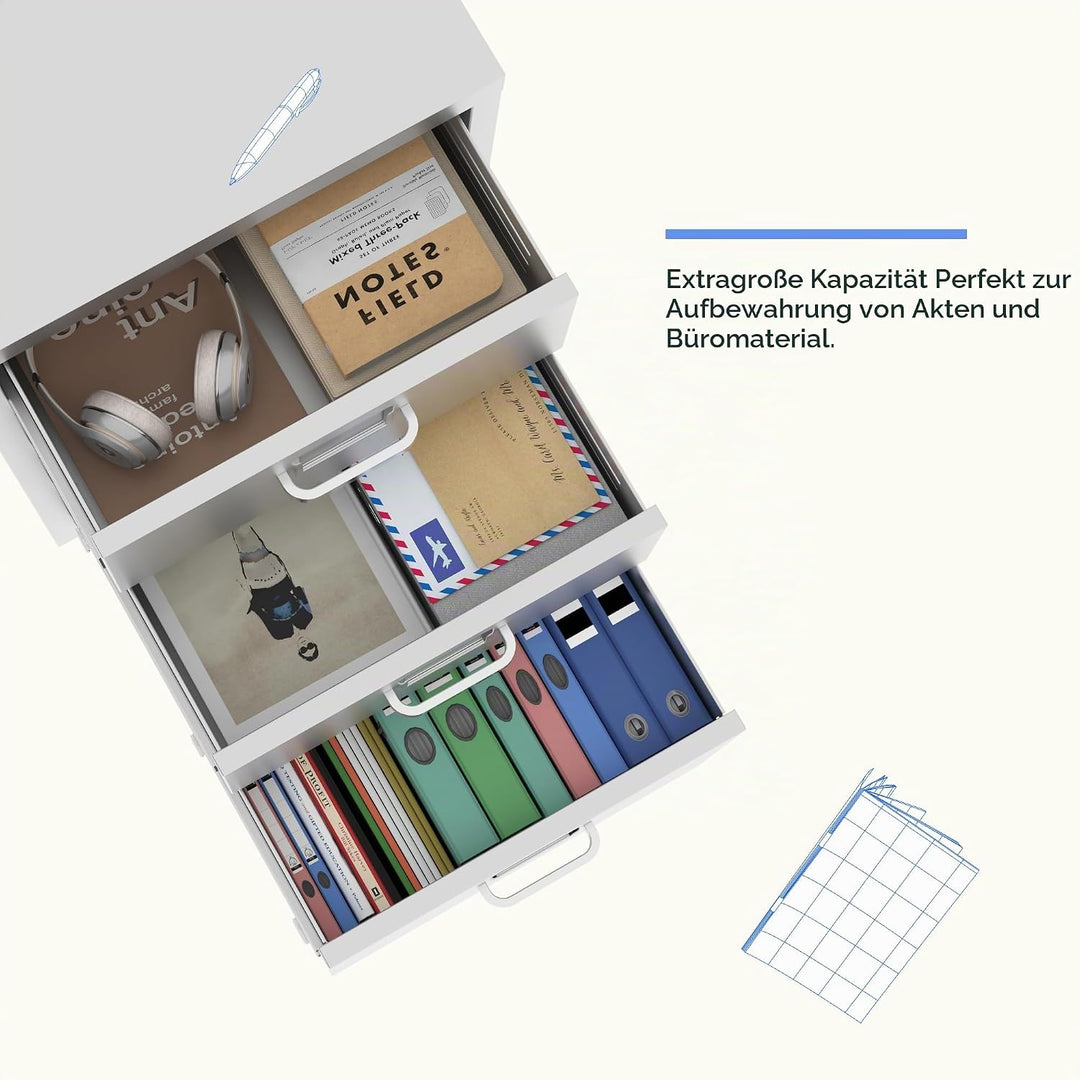 FLEXISPOT Rollcontainer Büroschrank mit 3 Schubladen, Aktenschrank Metallschrank Kommode mit Rädern,