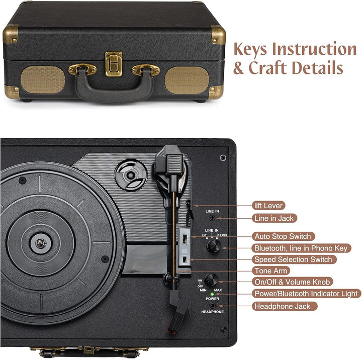 Vinyl Plattenspieler 3-Gang 33/45/78 U/min im Koffer-Stil Bluetooth Tragbaren Schallplattenspieler m