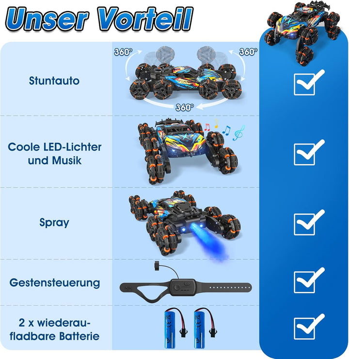 Ferngesteuertes Auto, Ferngesteuertes Auto ab 3 4 5 6 7 8 9 10 Jahre, 8WD RC Stunt Auto mit Handsteu