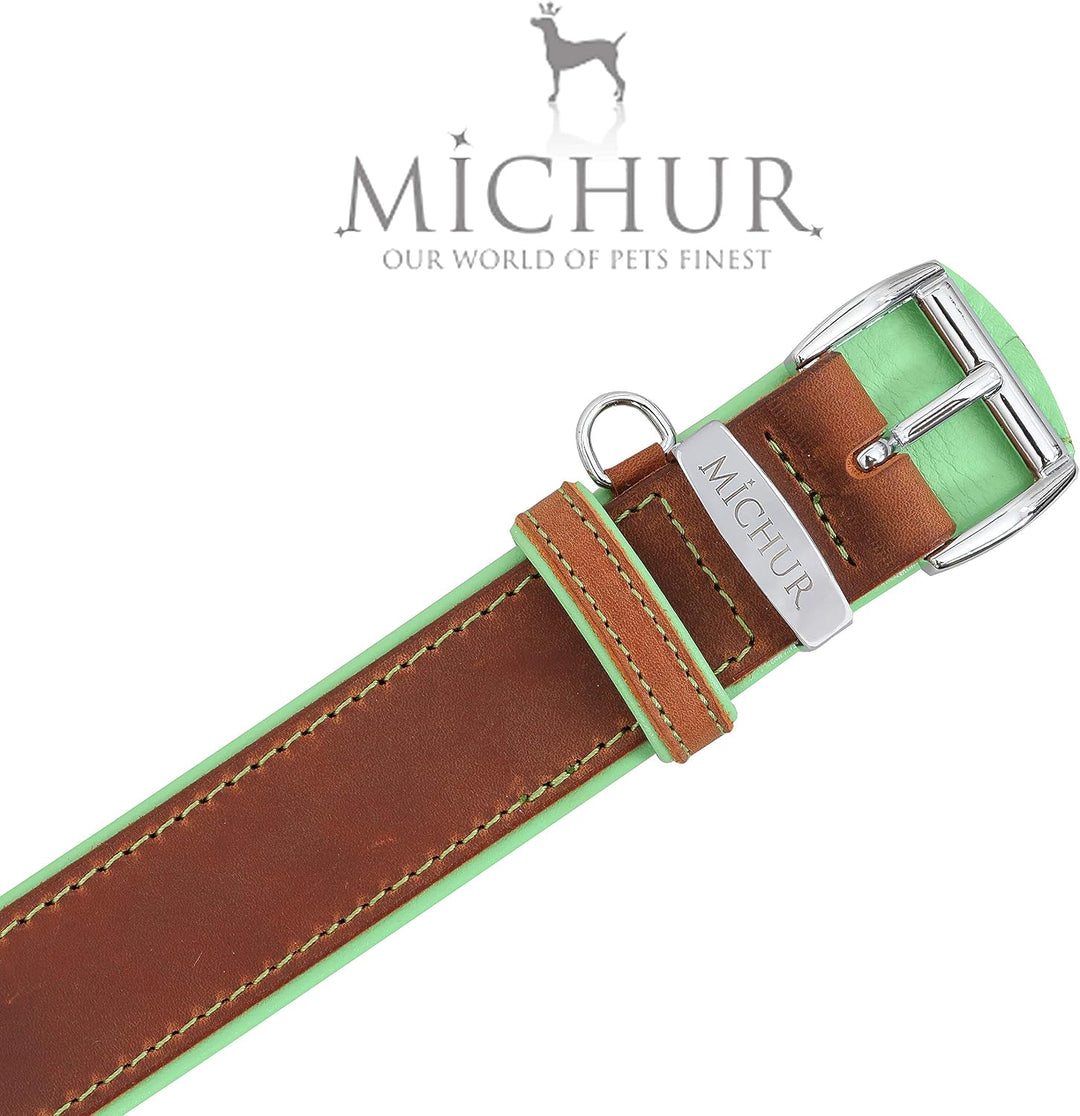 MICHUR Charly Hundehalsband Leder Braun Grün, Lederhalsband Hund, Halsband, Leder, in verschiedenen