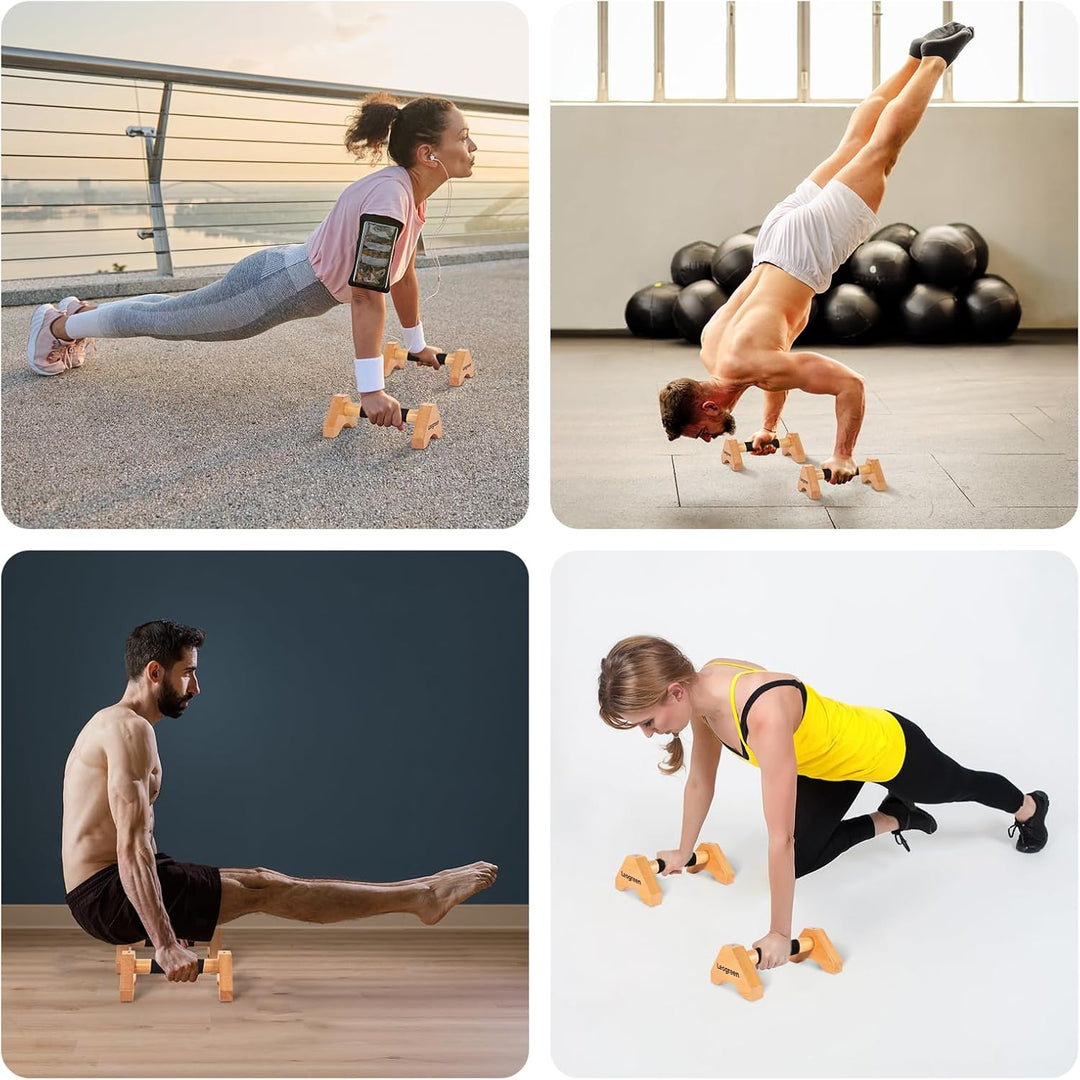 Leogreen Holz Liegestützgriffe, 2 Calisthenics Parallettes mit Antirutschmatte, Antirutschgurten und