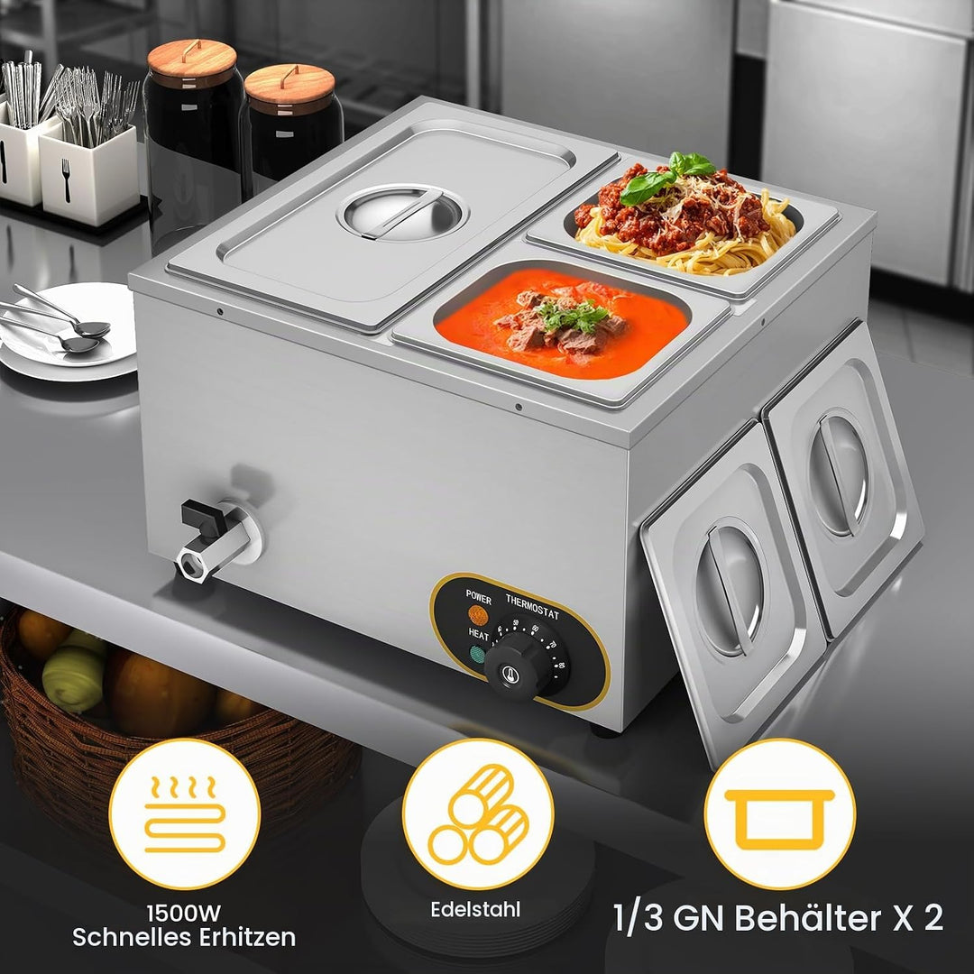 MOOTACO Elektrischer Wasserbad aus Edelstahl, Speisenwärmer Buffet, 1 x 1/3 GN Behälter + 2 x 1/6, m