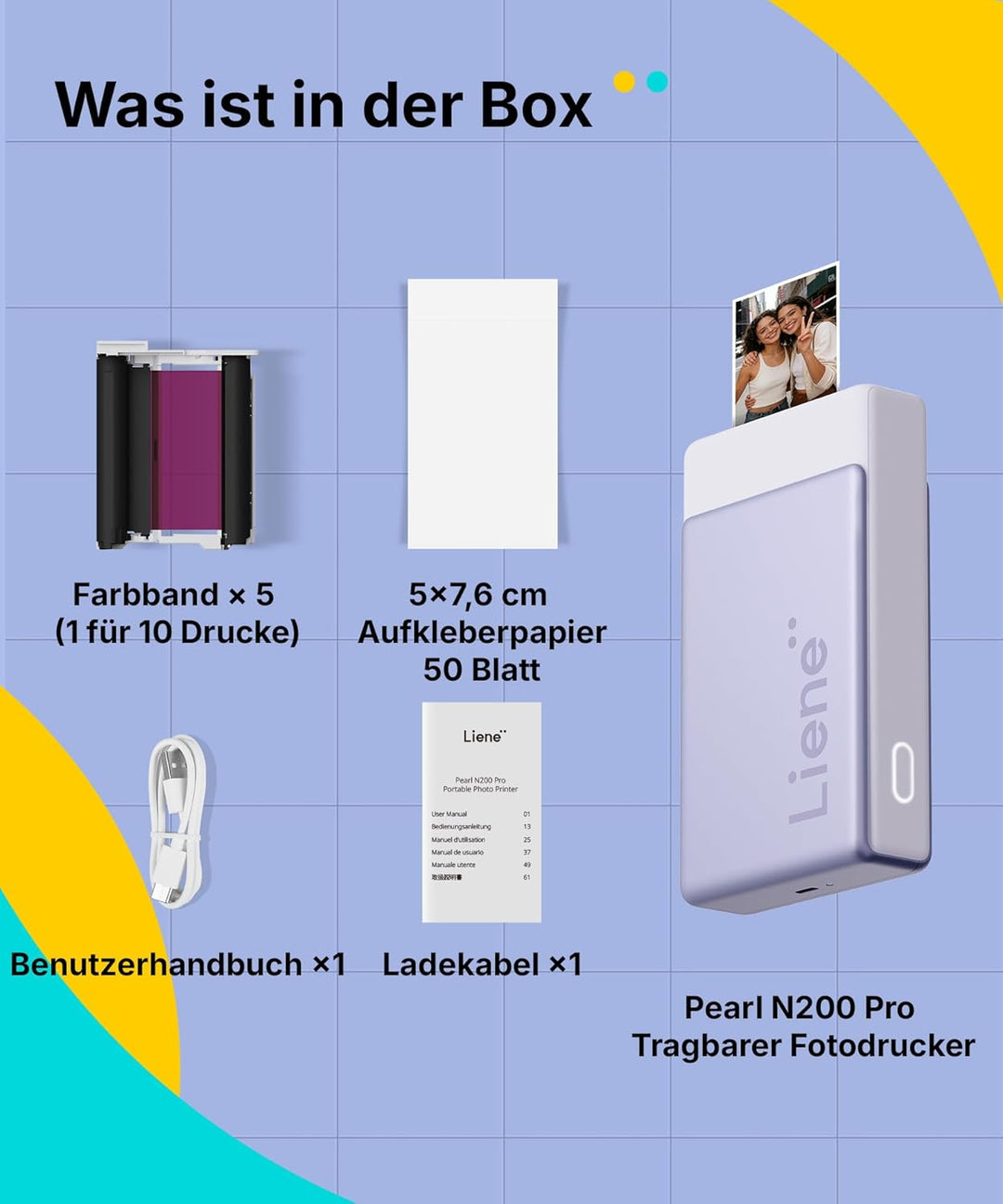 Liene Pearl N200 Pro Tragbarer Mini Fotodrucker mit Farbsublimation – Inkl. 50 selbstklebende Fotos
