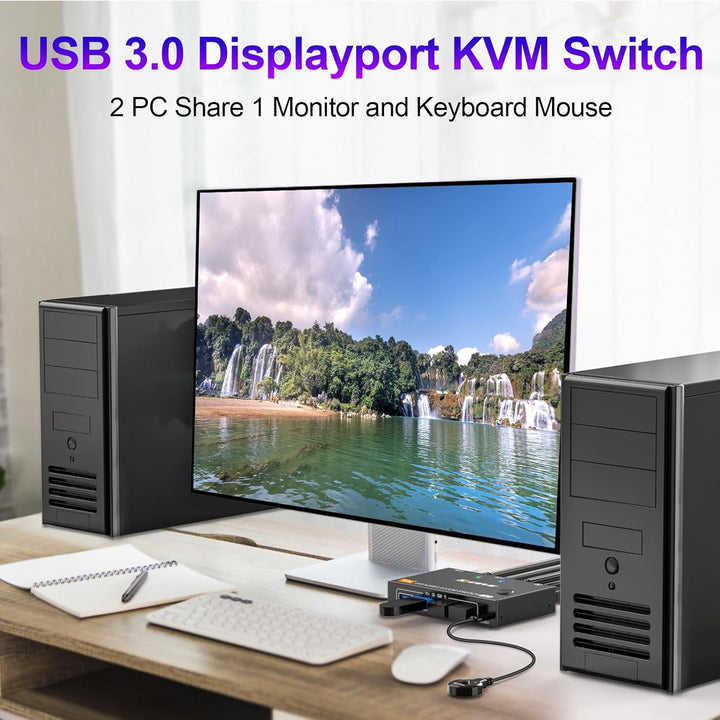 KVM Switch 2 PC 1 Monitor DP 4K@144Hz, USB 3.0 KVM Switch Displayport 2.1 Teilen 4 USB 3.0 Ports Tas
