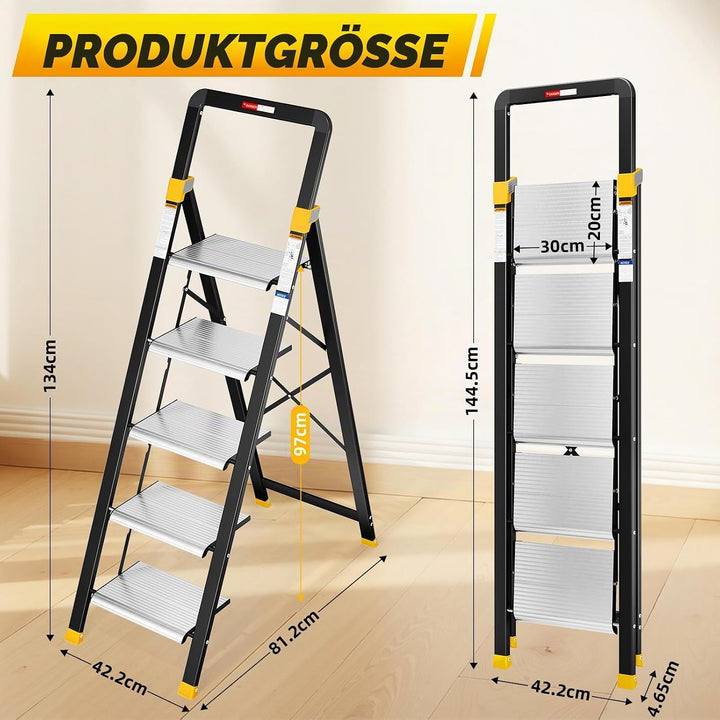 KINGRACK Trittleiter 5 Stufen Klappbar Aluminium, Klappleiter mit Handlauf, Haushaltsleiter Anti-Rut