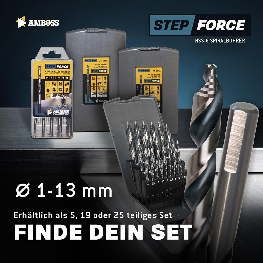 Spiralbohrer Step Force 25tlg. SET Ø1-13 mm - HSS-G DIN 338 für Stahl, Baustahl, Alu, Buntmetalle AM