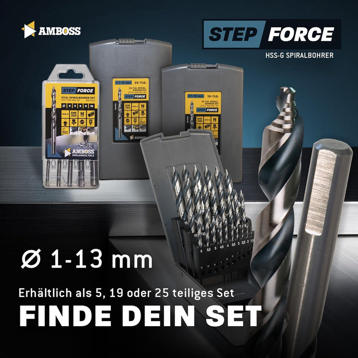 Spiralbohrer Step Force 25tlg. SET Ø1-13 mm - HSS-G DIN 338 für Stahl, Baustahl, Alu, Buntmetalle AM