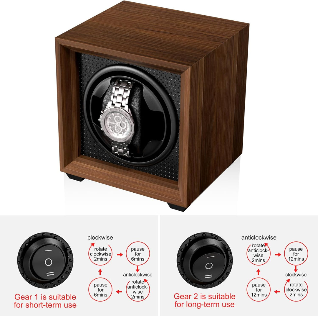 Fousenuk uhrenbeweger für automatikuhren mit leisem Motor, 2 einstellmodi, quadratisch nussbaumfarbe