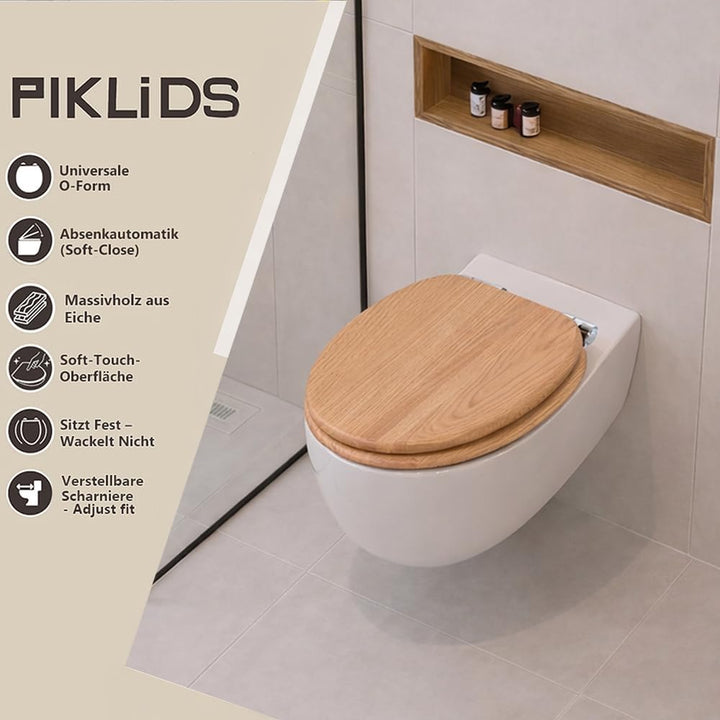 WC-Sitz aus Massivholz – Eiche, mit Absenkautomatik, Schnellverschluss & Easy-Clean, Soft-Touch – PI