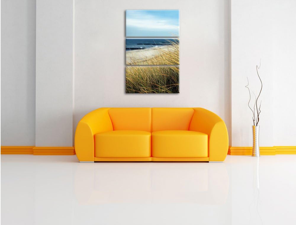 Pixxprint Sanddünen mit Schilfgras am Meer 3-Teiler Leinwandbild 120x80 Bild auf Leinwand