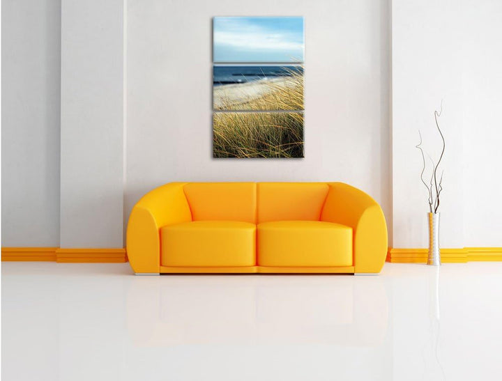 Pixxprint Sanddünen mit Schilfgras am Meer 3-Teiler Leinwandbild 120x80 Bild auf Leinwand