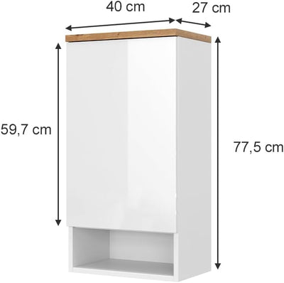 Vicco Badschrank Eden, Weiss Hochglanz/Artisan-Eiche, 40 x 77.5 cm mit 4 Fächer Weiss Hochglanz Häng