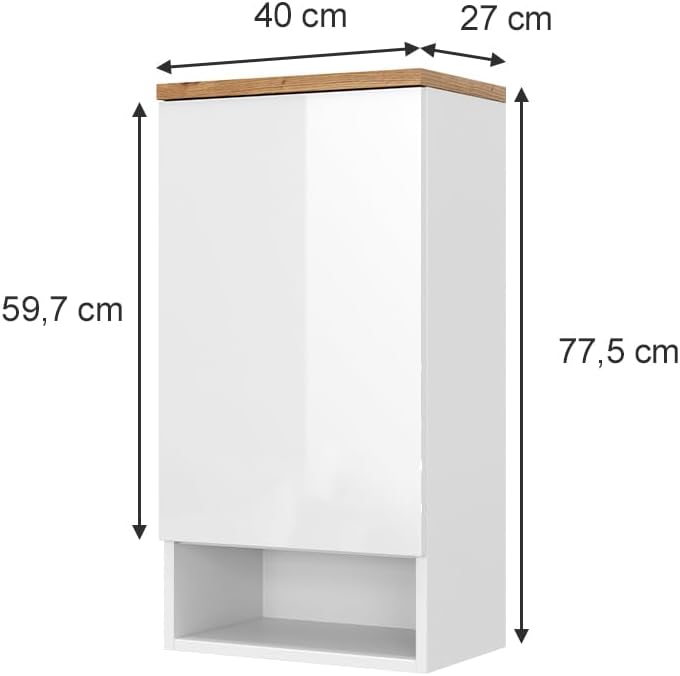 Vicco Badschrank Eden, Weiss Hochglanz/Artisan-Eiche, 40 x 77.5 cm mit 4 Fächer Weiss Hochglanz Häng