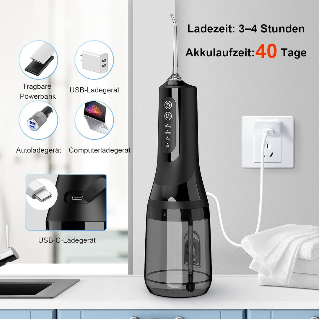 Munddusche Testsieger 2026, 300ML Wassertank IPX7 Wasserdicht, 5 Multifunktionale Jet-Tipps und 4 Mo