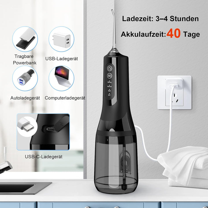 Munddusche Testsieger 2026, 300ML Wassertank IPX7 Wasserdicht, 5 Multifunktionale Jet-Tipps und 4 Mo