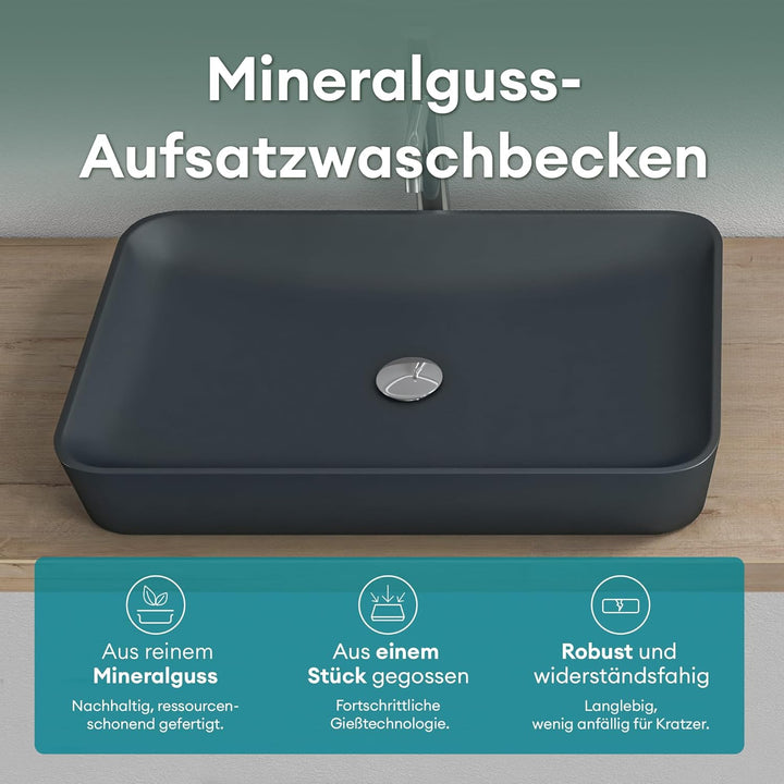 Mai & Mai Waschbecken Aufsatzwaschbecken aus Mineralguss Waschschale Waschtisch Anthrazit matt inkl.