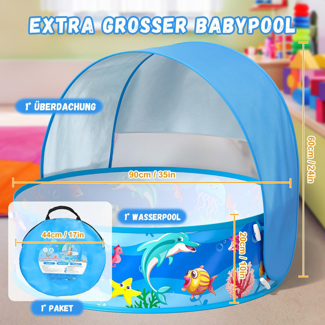 Baby Planschbecken mit Dach, Pop-Up Strandmuschel Baby UV Schutz 50+ mit Aufbewahrungstasche, 4 in 1