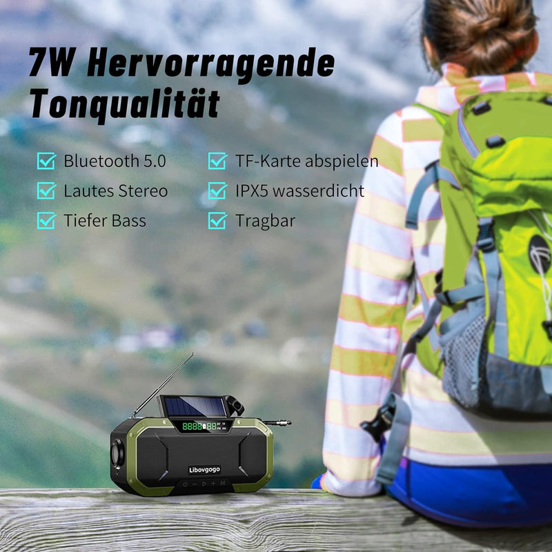 Libovgogo DF-580Pro 5000mAh Kurbelradio mit Handyladefunktion Solar, 7W IPX5 Waterproof Bluetooth La