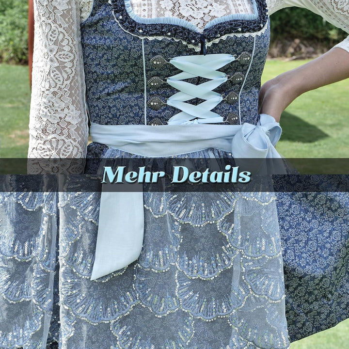 Dirndlparty Dirndl Blau, Damen Midi Mittellang Dirndl 60cm mit Rosenmuster und Pailletten Spitzensch
