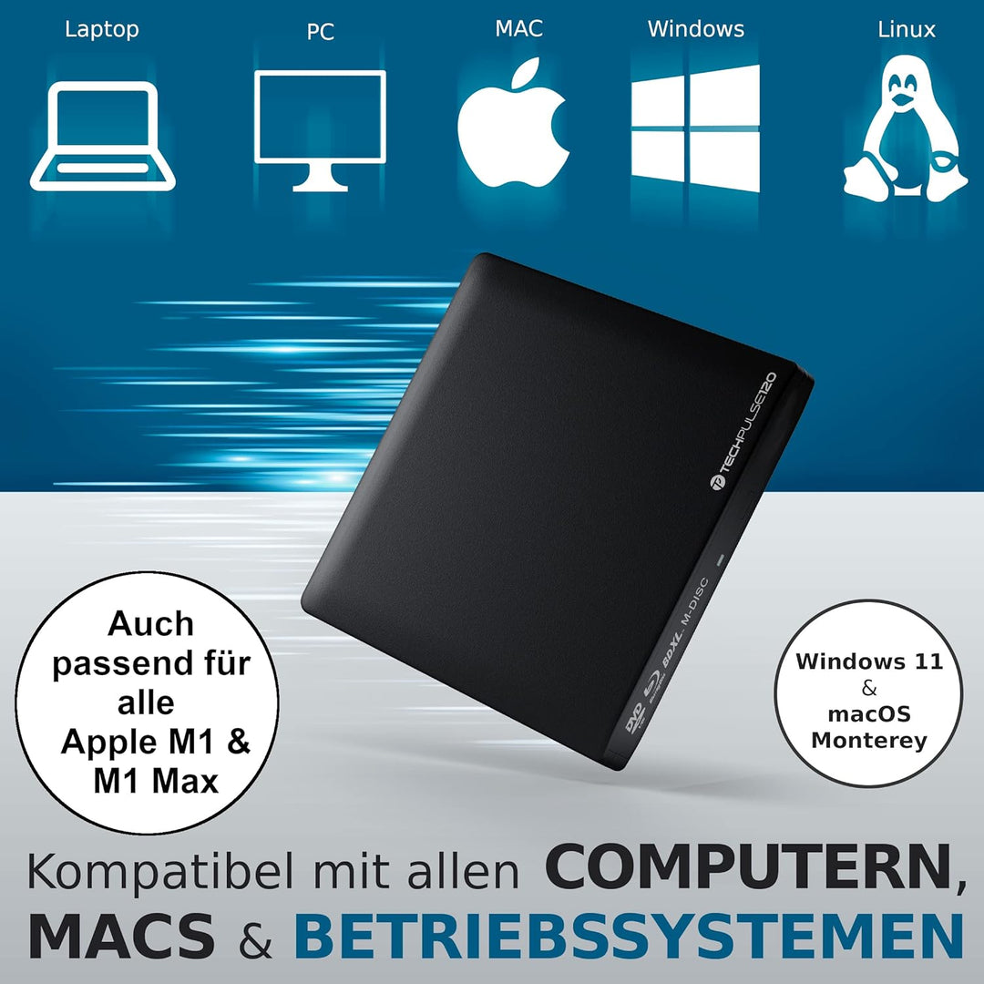 techPulse120 USB 3.0 3D Externer Blu-Ray Brenner Burner M-Disc BDXL Superdrive Blueray Rom Laufwerk
