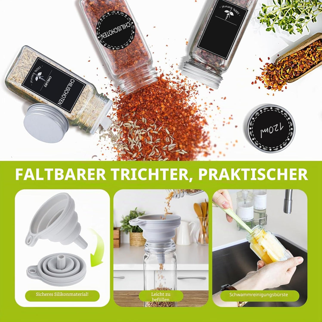 Ferghana Gewürzgläser Eckig Set，Gewürzdosen Set 24x120ml ，Spice Jars mit Streueinsatz，Etiketten，Tric