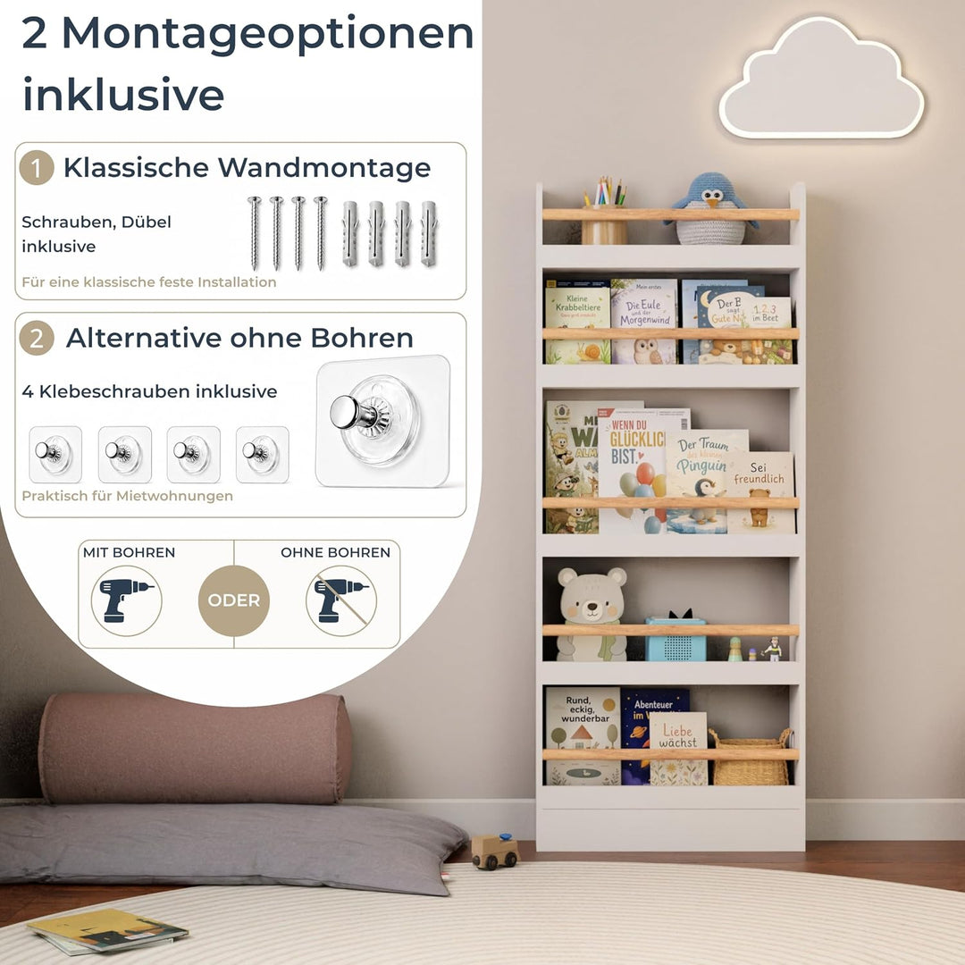Bücherregal Kinder mit 5 Ablagen, Montessori Kinderbücherregal zur Wandmontage, Wandregal für Bücher